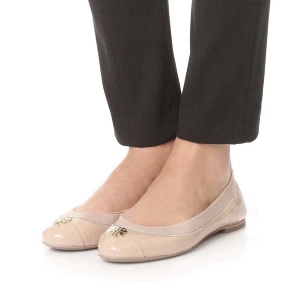 Tory Burch 'Jolie' Patent Leather Ballet Flats Light Oak Taupe Tan Nude Size 7.5